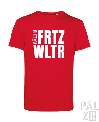 Rotes T-Shirt mit weißem Textdesign, das die Marken ’frtz wltr’ und ’pälzr’ zeigt.