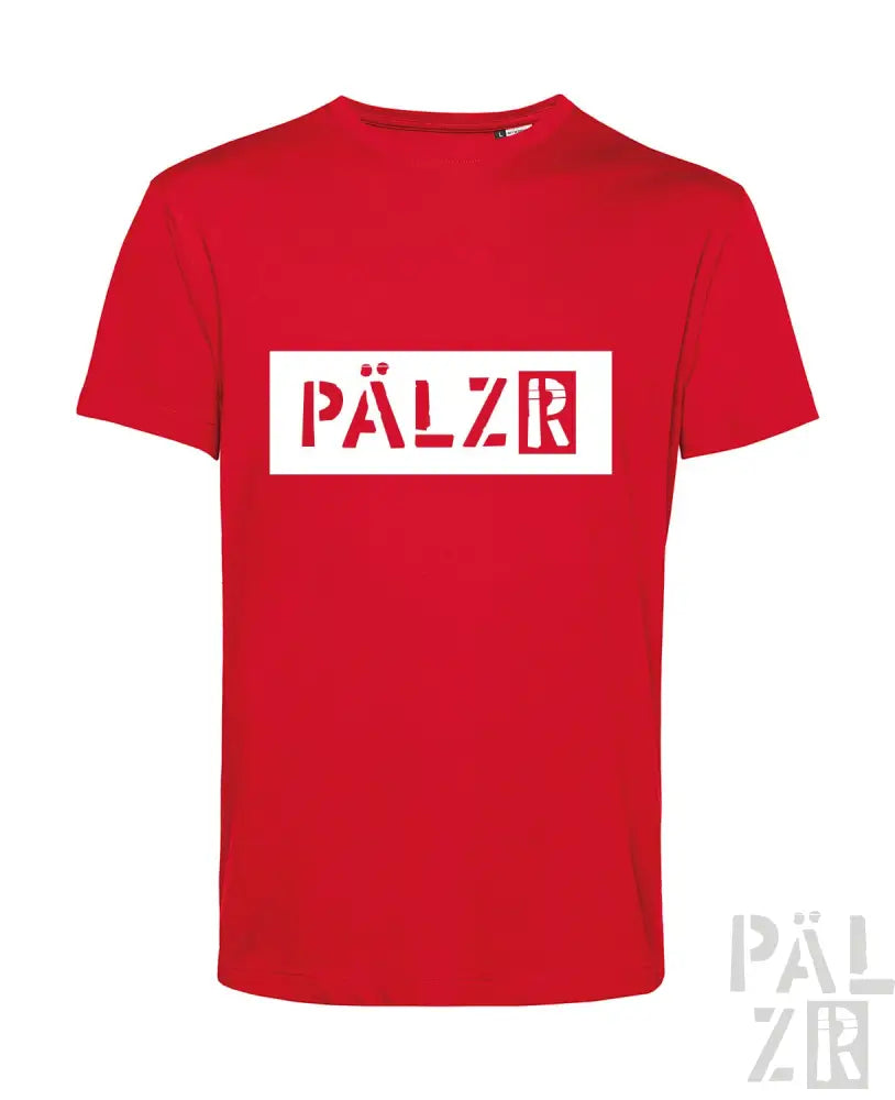Rotes T-Shirt mit ’pälzr’-Logo in Weiß und Maroon.