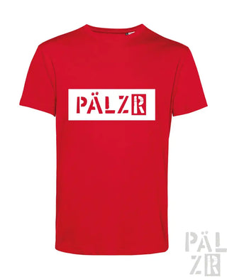 Rotes T-Shirt mit ’pälzr’-Logo in Weiß und Maroon.