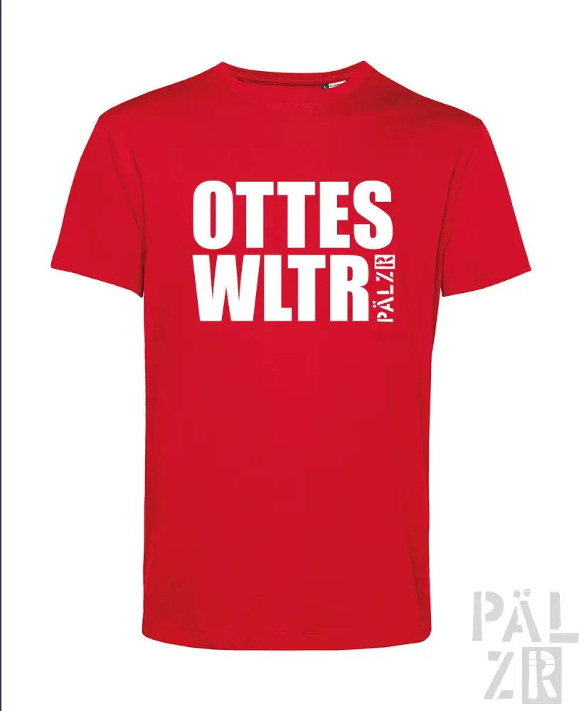 Rotes T-Shirt mit weißem Text „ottes wltr“ und kleinem Logo am Ärmel.