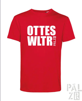 Rotes T-Shirt mit weißem Text „ottes wltr“ und kleinem Logo am Ärmel.