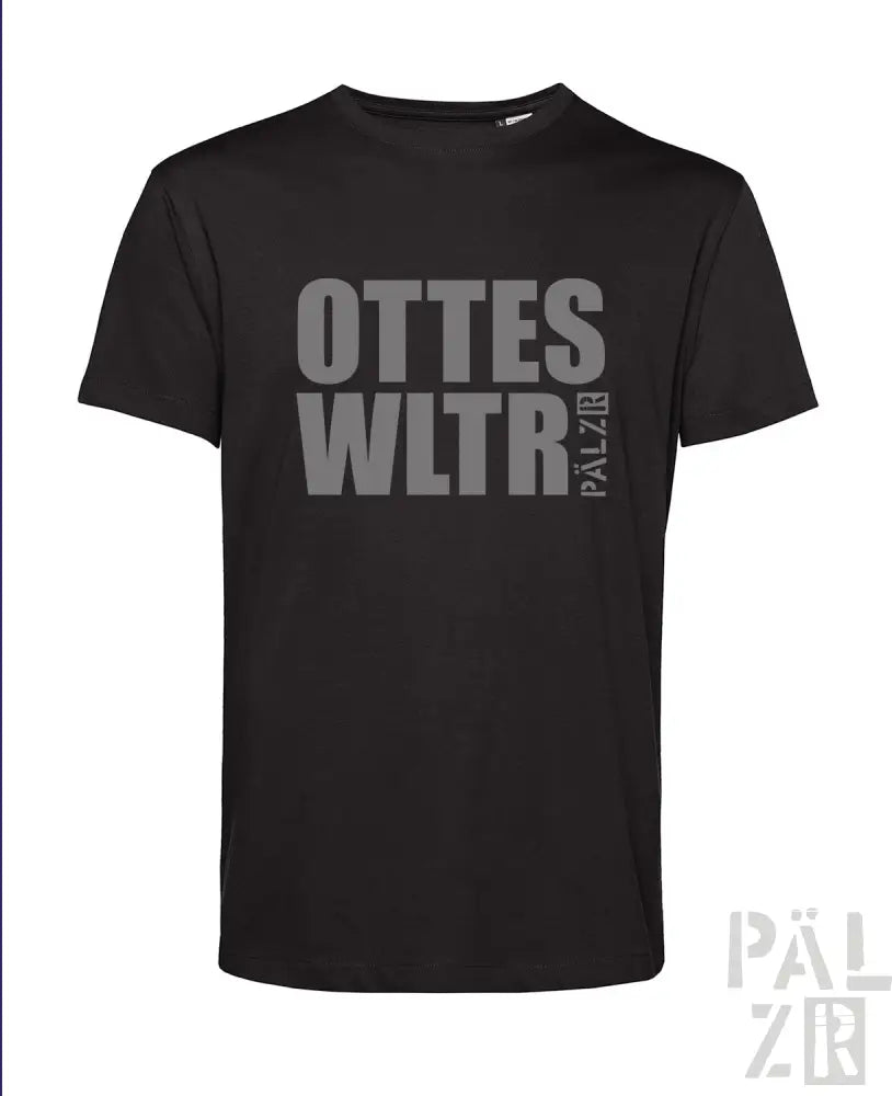 Schwarzes T-Shirt mit ’ottes wltr’ und ’pälzir’ Textdesign, aus Baumwolle gefertigt.
