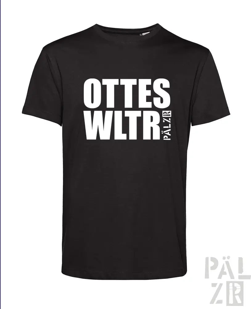 Schwarzes T-Shirt mit weißem Text ’ottes wltr palzir’ und Logo am Ärmel.