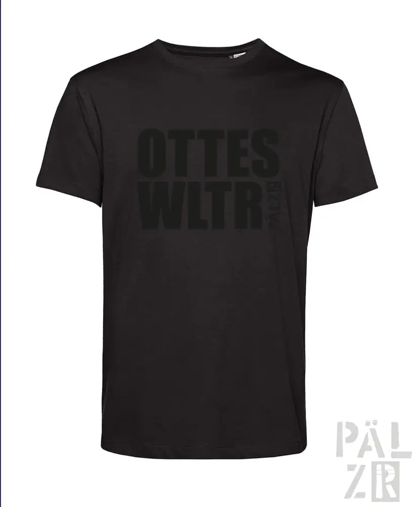 Schwarzes T-Shirt mit ’ottes wltra’ Textdesign, aus Baumwolle gefertigt.