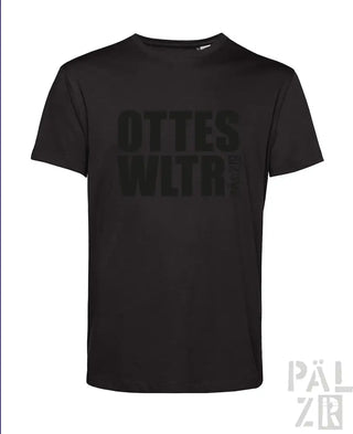 Schwarzes T-Shirt mit ’ottes wltra’ Textdesign, aus Baumwolle gefertigt.