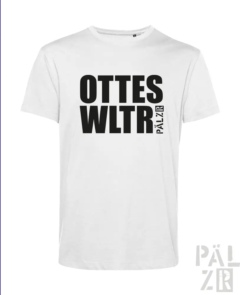 Weißes T-Shirt mit schwarzem Text ’ottes wltr’ und Logo ’pälzir’ auf der Vorderseite, lässige Kleidung.