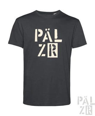 Schwarzes T-Shirt mit weißem ’pälzr’ Grafikdesign, kurzen Ärmeln und Rundhals.