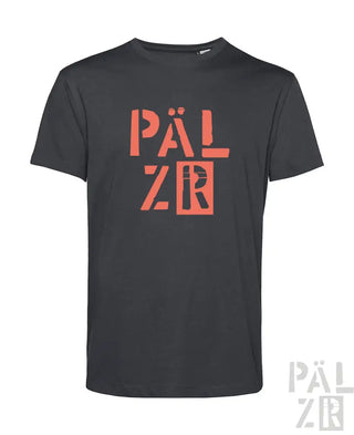 Kohle-graues Pälzr T-Shirt mit kühnen orange Textdesign.