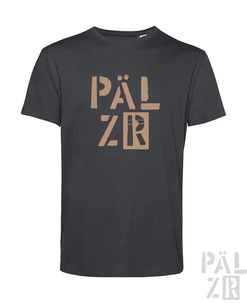 Holzgraues T-Shirt mit ’pälzr’-Logo in Gold- und Schwarzdesign.