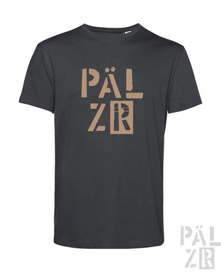 Holzgraues T-Shirt mit ’pälzr’-Logo in Gold- und Schwarzdesign.