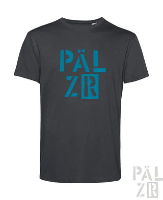 Kohle-graues T-Shirt mit türkisfarbenem ’pälzr’-Logo-Design, aus Baumwolle.