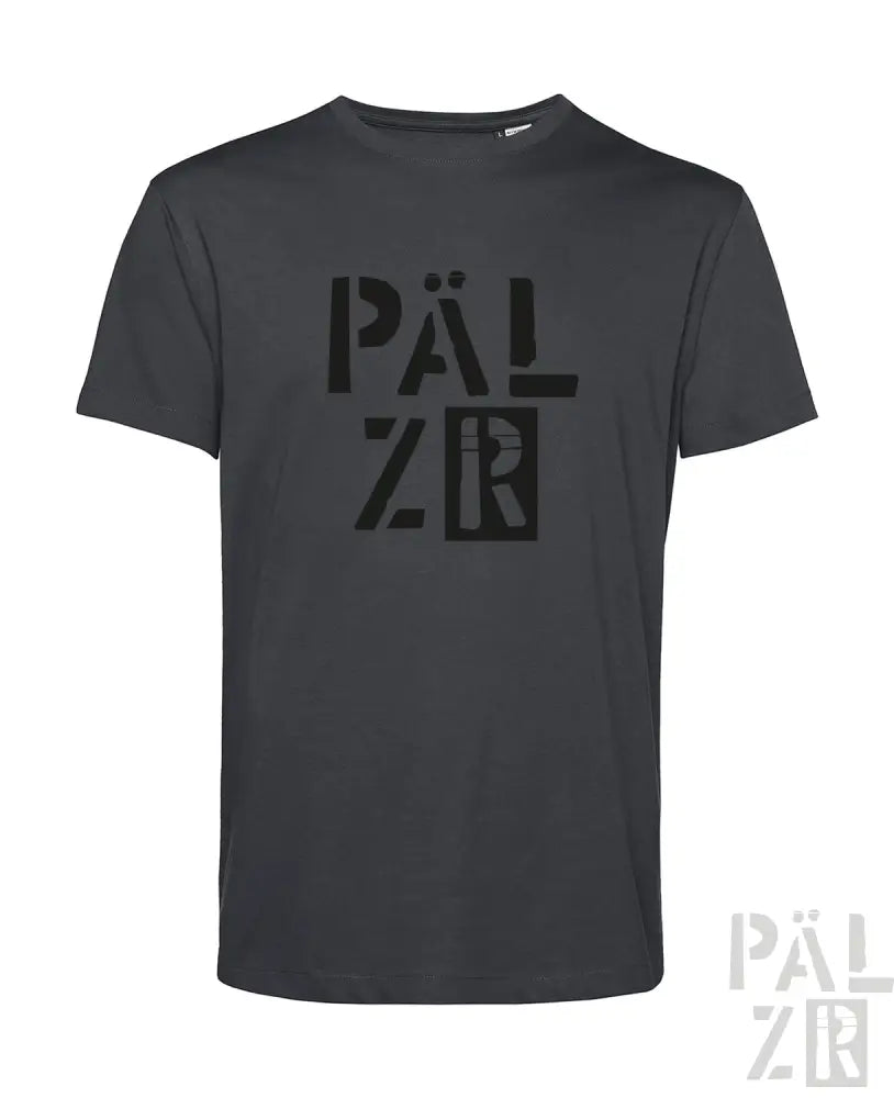 Kohle-graues T-Shirt mit fetter schwarzer ’palzr’ Grafikgestaltung, die ein modernes und edgy Ästhetik aufweist.