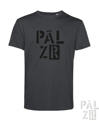 Kohle-graues T-Shirt mit fetter schwarzer ’palzr’ Grafikgestaltung, die ein modernes und edgy Ästhetik aufweist.