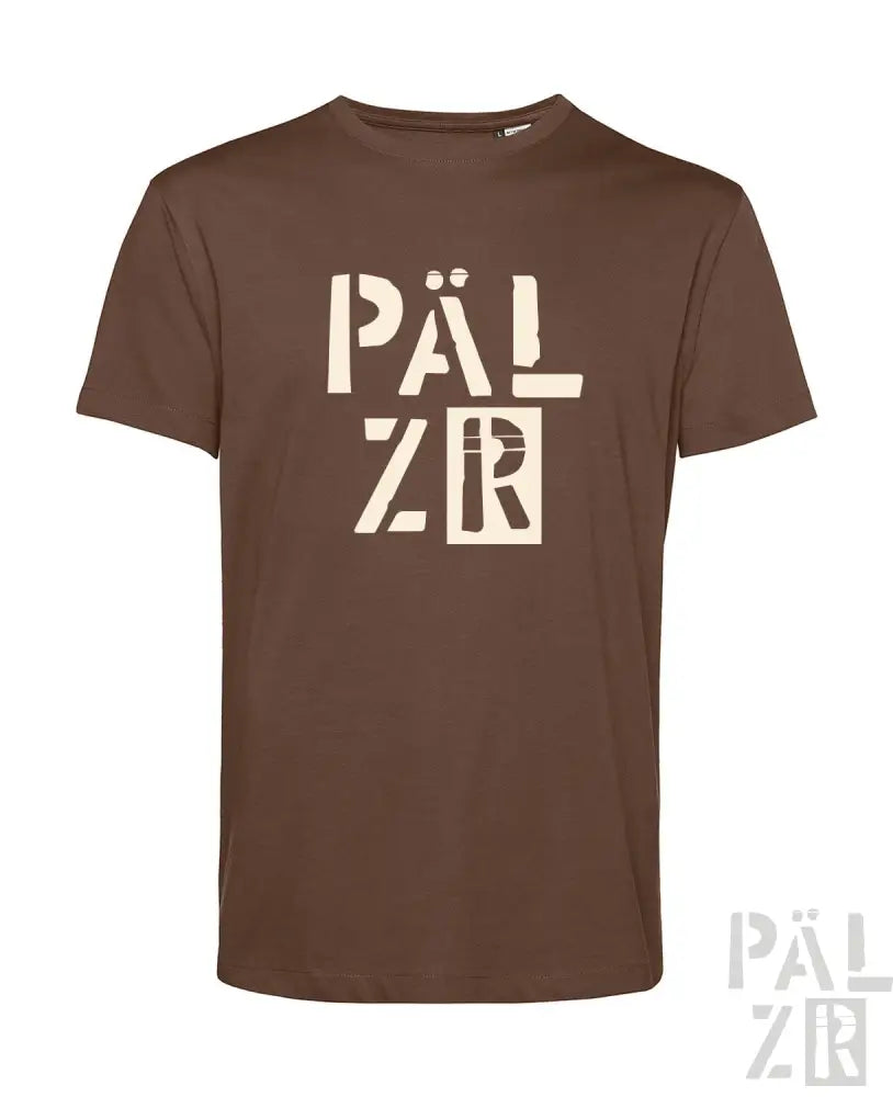 Braunes T-Shirt mit ’pälzr’-Design in weißen Buchstaben und einem rechteckigen Logo.
