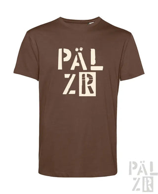 Braunes T-Shirt mit ’pälzr’-Design in weißen Buchstaben und einem rechteckigen Logo.