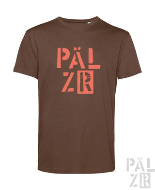 Braunes T-Shirt mit korallenfarbenem ’palzr’-Logo-Design, aus Baumwolle.
