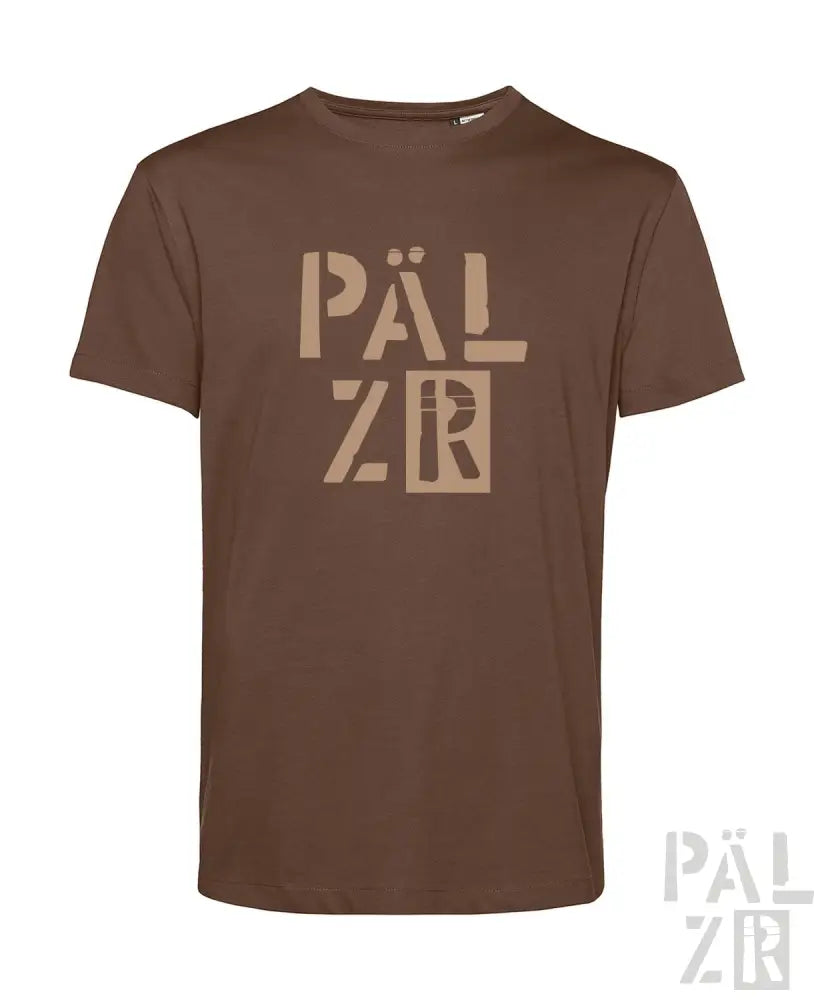 Braunes T-Shirt mit ’pälzr’-Design in Beige, aus Baumwolle.
