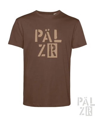 Braunes T-Shirt mit ’pälzr’-Design in Beige, aus Baumwolle.