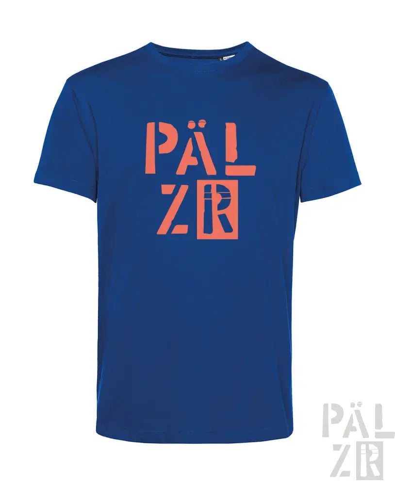 Königsblaues T-Shirt mit korallenfarbenem ’palzr’ Grafikdesign, aus Baumwolle gefertigt.