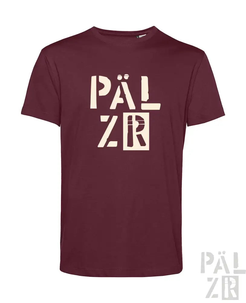 Bordeaux-Farbenes T-Shirt mit weißem ’pälzr’ Grafikdesign, aus Baumwolle.