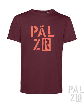 Bordeaux-Farbenes T-Shirt mit ’pälzr’-Logo in Korallenrosa, hergestellt aus Baumwolle- und Polyester-Mischung.