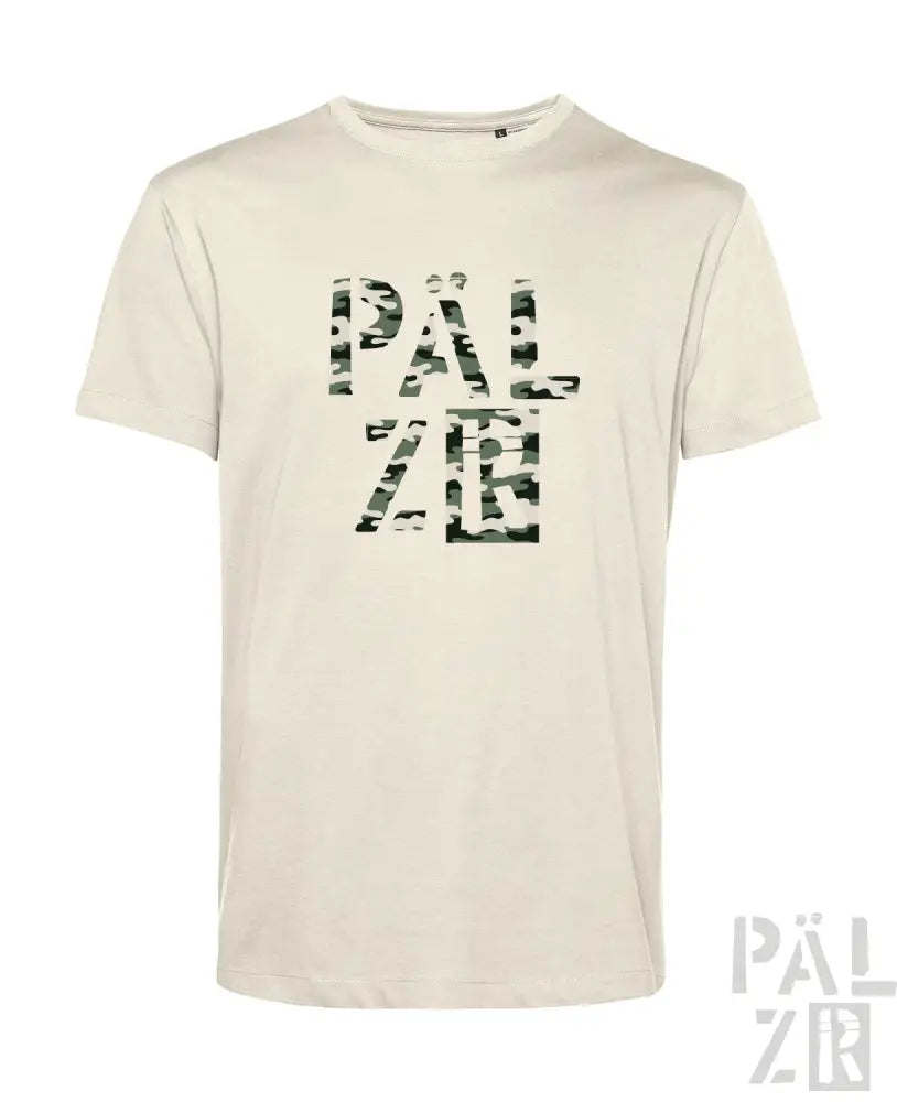 Cremeweiße T-Shirt mit Camouflage-’päl zr’-Grafikdesign.