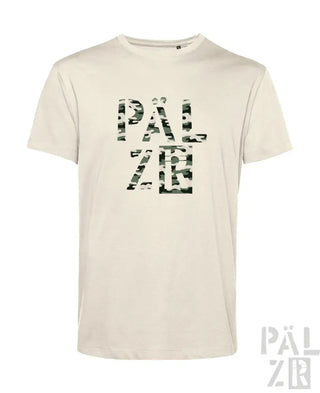 Cremeweiße T-Shirt mit Camouflage-’päl zr’-Grafikdesign.