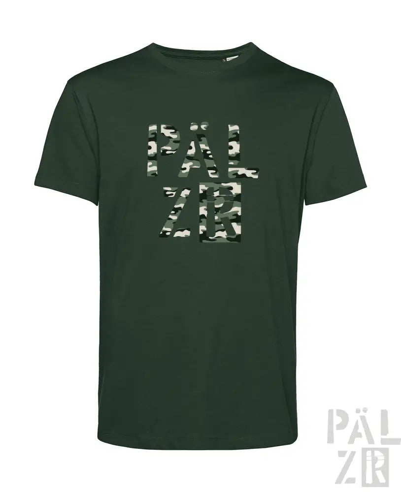 Dunkelgrünes Tarnmuster-T-Shirt mit ’päl zr’ Logo.