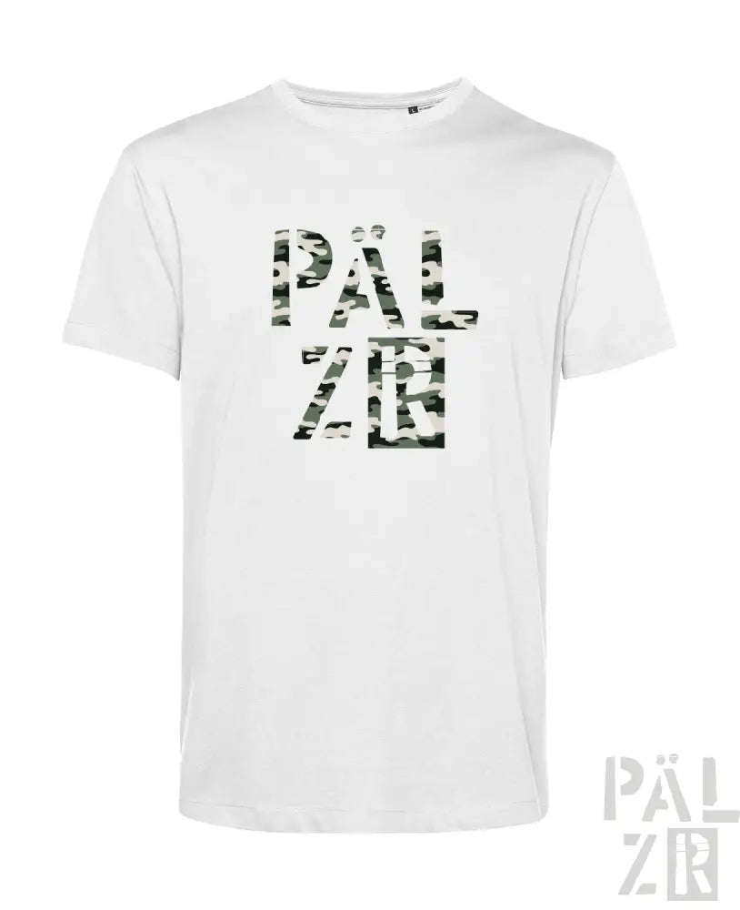 Weißes T-Shirt mit Camouflage-Druck-Design auf der Vorderseite, das den Text ’pälzb’ in Schwarz zeigt.