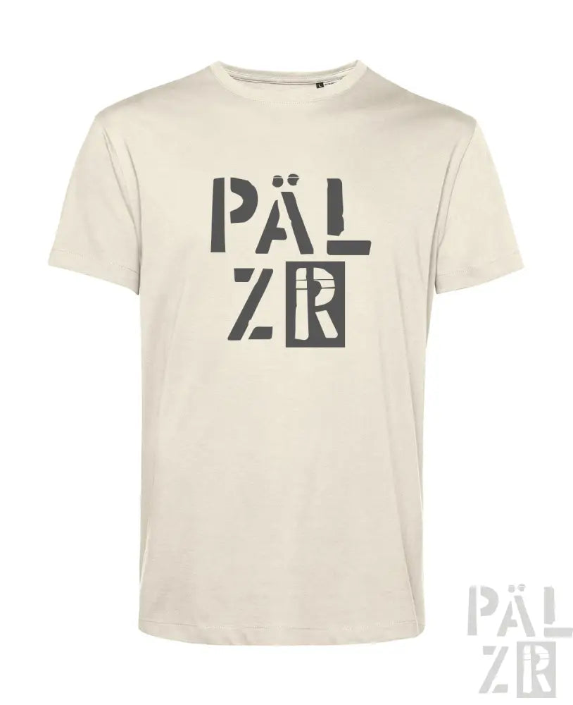 Cremeweiße T-Shirt mit schwarzem ’palzr’-Logo, aus Baumwolle gefertigt.
