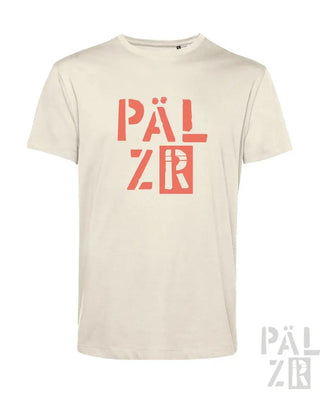 Cremeweiße T-Shirt mit Pälzr und fetter roter Logodesign.