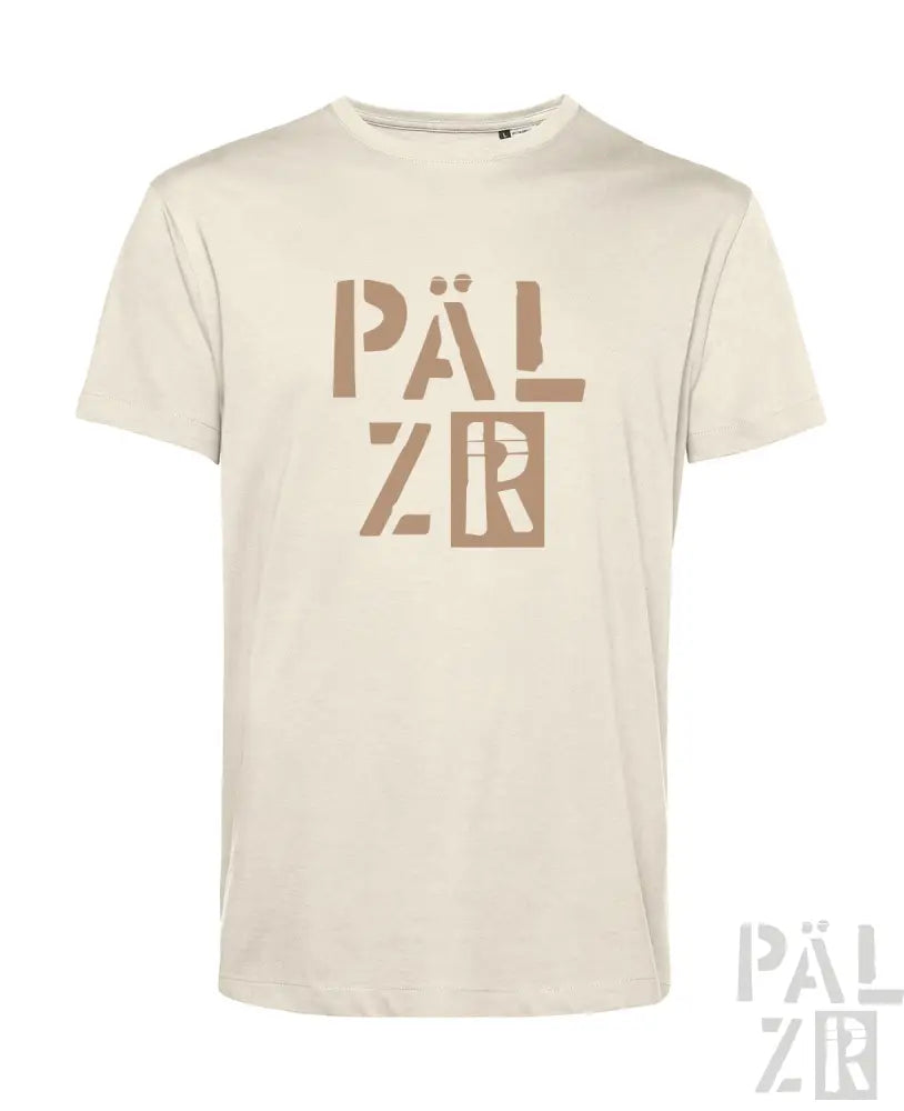 Cremeweiße Pälzr-T-Shirt mit fetter, geometrischer Logodesign.