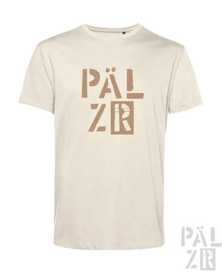 Cremeweiße Pälzr-T-Shirt mit fetter, geometrischer Logodesign.