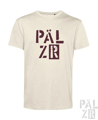Cremeweiße T-Shirt mit ’pälzr’-Logo in maroon und schwarzem Design.