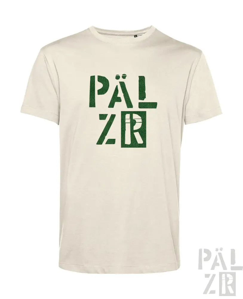Cremeweiße T-Shirt mit fetter grüner ’palzr’-Grafikgestaltung, aus Baumwolle gefertigt.