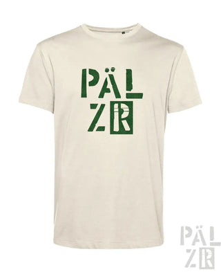 Cremeweiße T-Shirt mit fetter grüner ’palzr’-Grafikgestaltung, aus Baumwolle gefertigt.