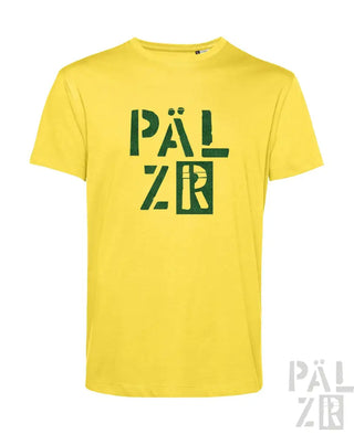 Gelbes T-Shirt mit ’pälzr’-Text in grün-weißem Design.
