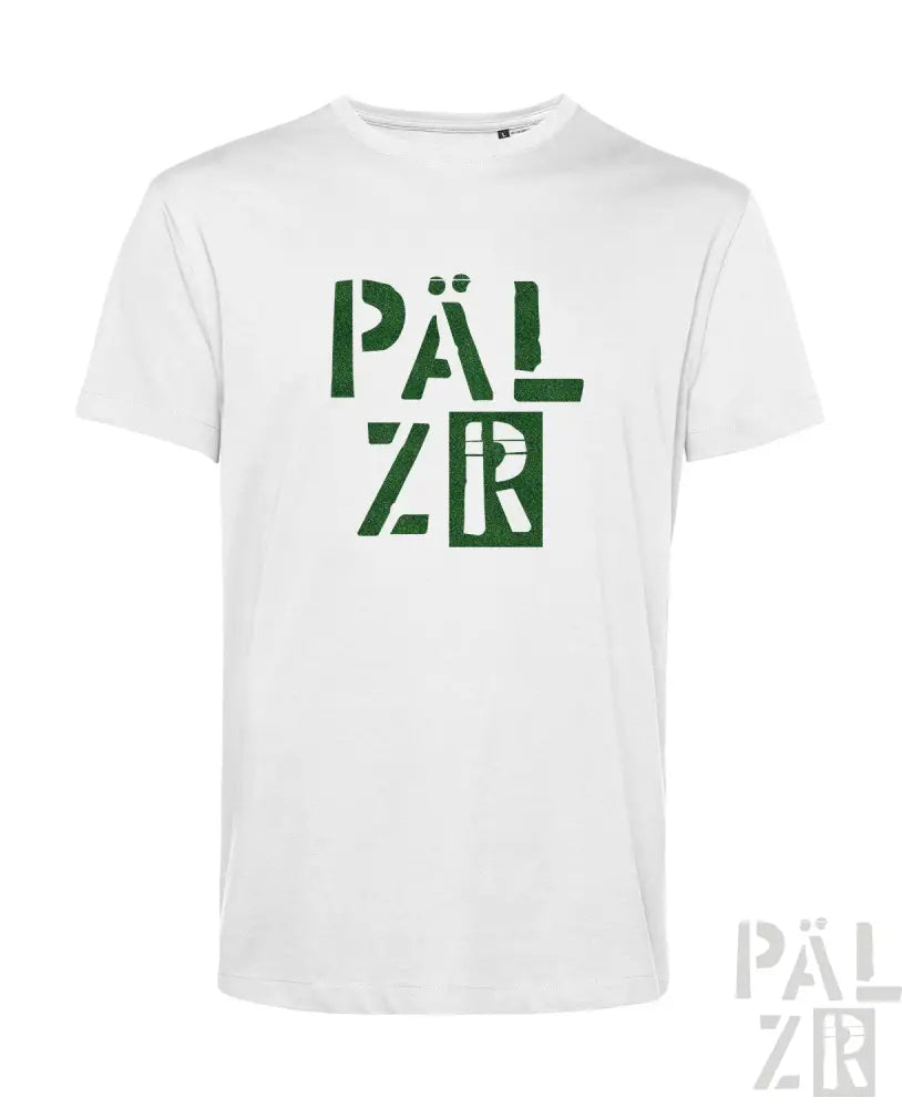 Weißes T-Shirt mit ’pälzr’-Logo in grünem und schwarzem Design, aus Baumwolle.