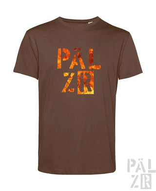 Braunes T-Shirt mit ’pälzr’-Logo in feurigem Design, aus Baumwolle gefertigt.