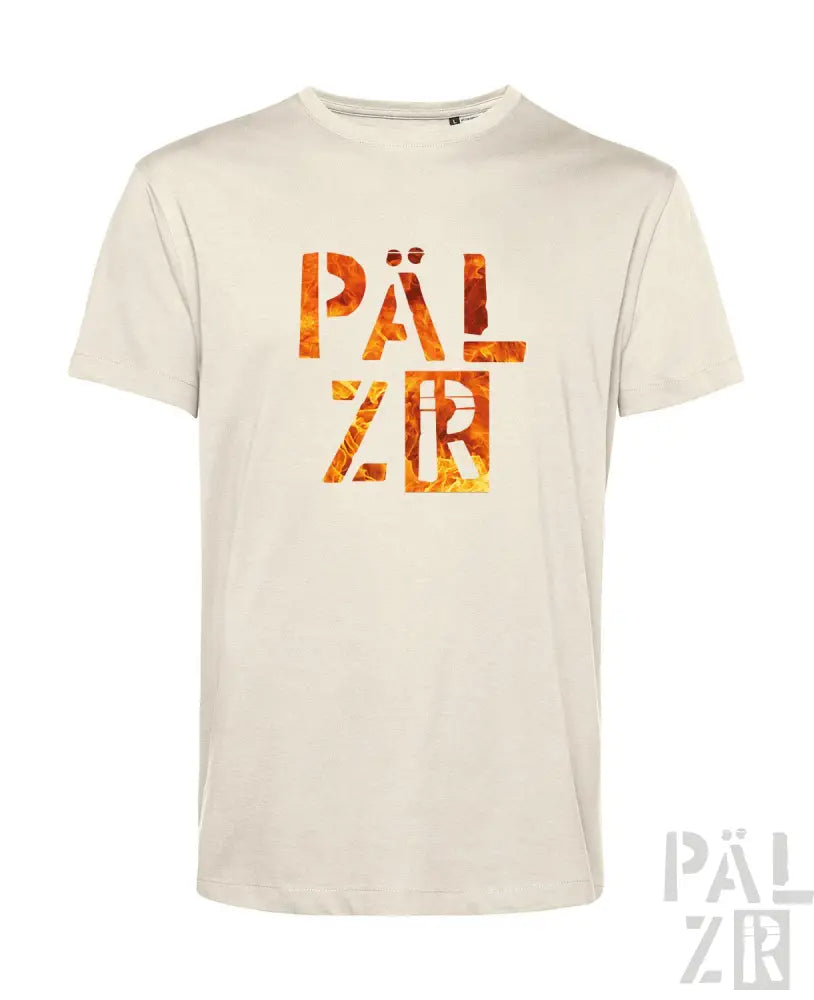 Cremeweiße T-Shirt mit ’pälzir’-Logo in feurigem Orange- und Gelbdesign, aus Baumwolle gefertigt.