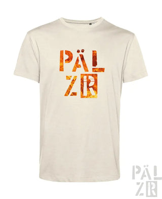 Cremeweiße T-Shirt mit ’pälzir’-Logo in feurigem Orange- und Gelbdesign, aus Baumwolle gefertigt.