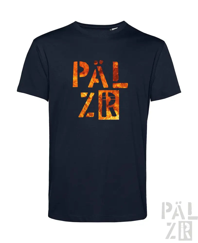 Marineblaues T-Shirt mit ’pälzr’-Logo in feurigem orange- und gelbem Design, aus Baumwolle.
