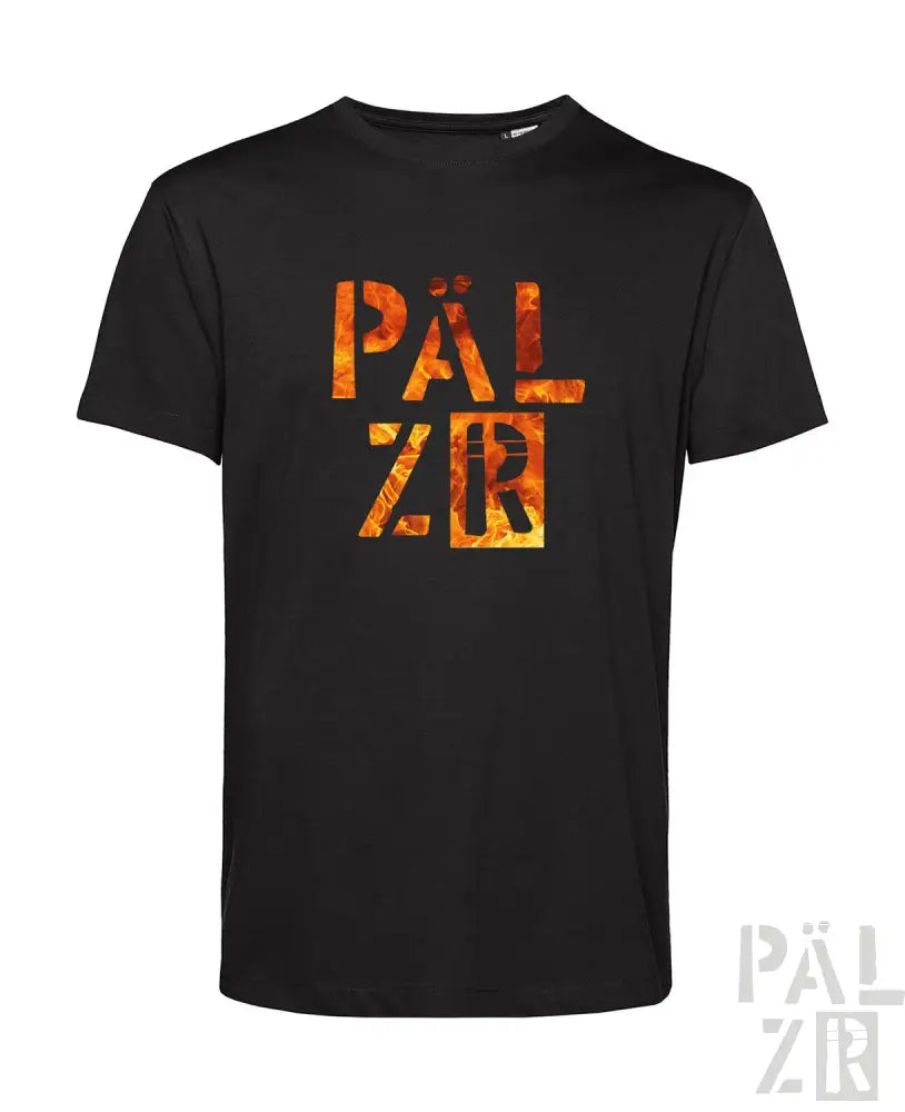 Schwarzes T-Shirt mit ’pälzr’-Logo in feurigem Orange- und Gelbdesign, aus Baumwolle.