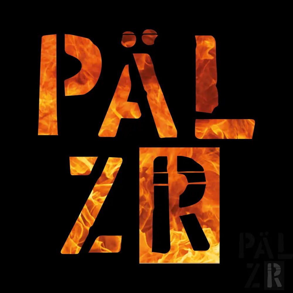 Flammenmuster-Sticker mit ‚pälzr‘-Logo.