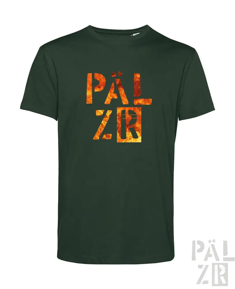 Grünes T-Shirt mit ‚palzr‘-Logo in feurigem Design, Baumwollmaterial.