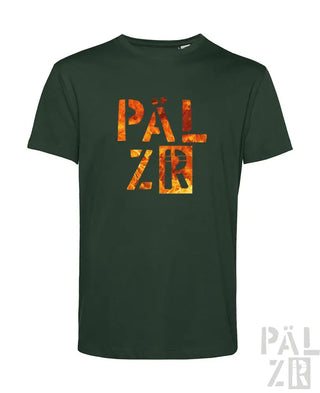 Grünes T-Shirt mit ‚palzr‘-Logo in feurigem Design, Baumwollmaterial.