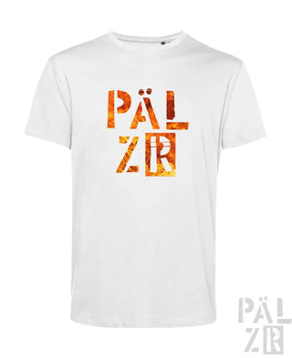 Weißes T-Shirt mit ’pälzr’-Text in feurigem orange- und gelbem Design, aus Baumwolle gefertigt.