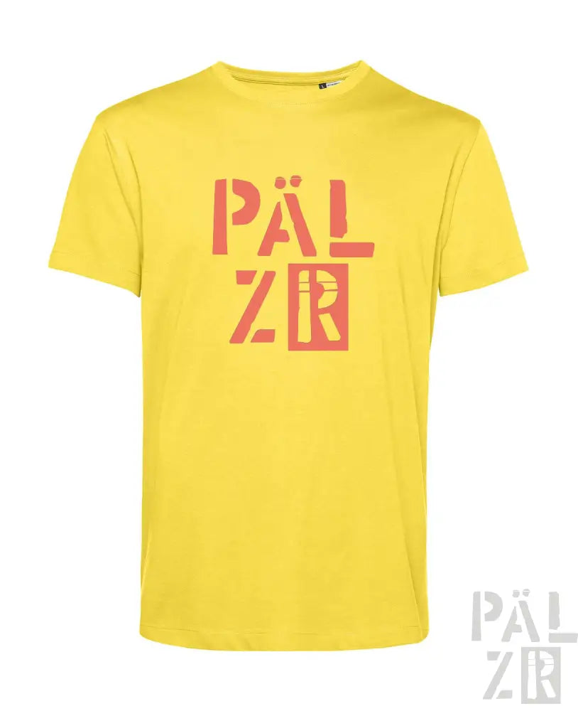 Gelbes T-Shirt mit ’palzr’-Logo in rot-weißem Design, aus Baumwolle.
