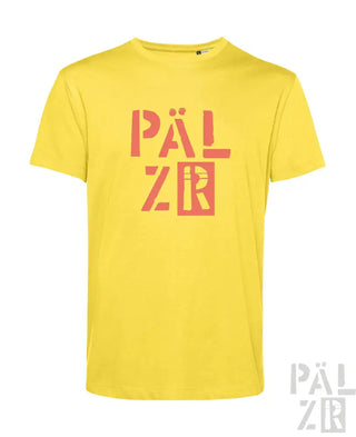 Gelbes T-Shirt mit ’palzr’-Logo in rot-weißem Design, aus Baumwolle.