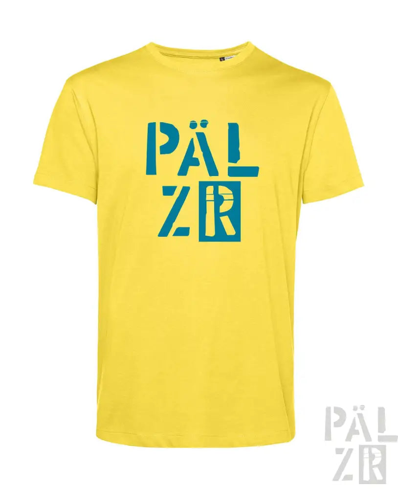 Gelbes T-Shirt mit türkisfarbenem ’palzr’ Logo-Design.